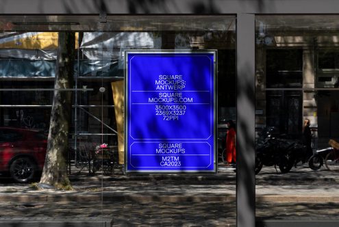 Urban bus stop billboard mockup displaying a blue advertisement with clear text, in a street setting, for design presentations.